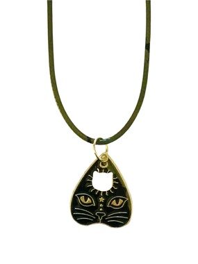 Ouija Cat Mystical Planchett Pendant Necklace -Black and Silver